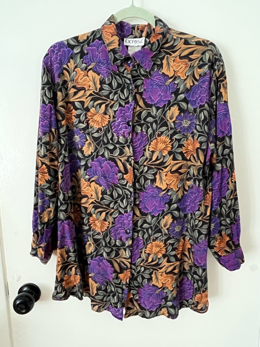Vintage 90s Exposé Black & Purple Floral Button Up Long Sleeve Shirt Retro Large